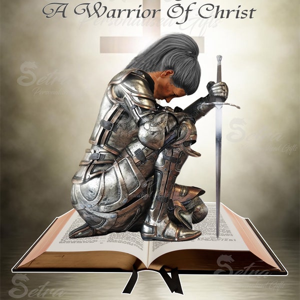 Vrouwelijke gepersonaliseerde offerte wapenrusting van God bidden knielende ridder over Bijbel digitale download, volledige wapenrusting aantrekken, Efeziërs 6-10