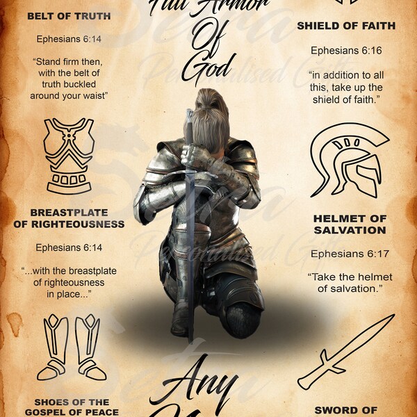 Personalised Digital Download, Armor of God And Kneeling Knight Poster The 6 Pieces of Spiritual Full Armor in Ephesians Religious Quotation