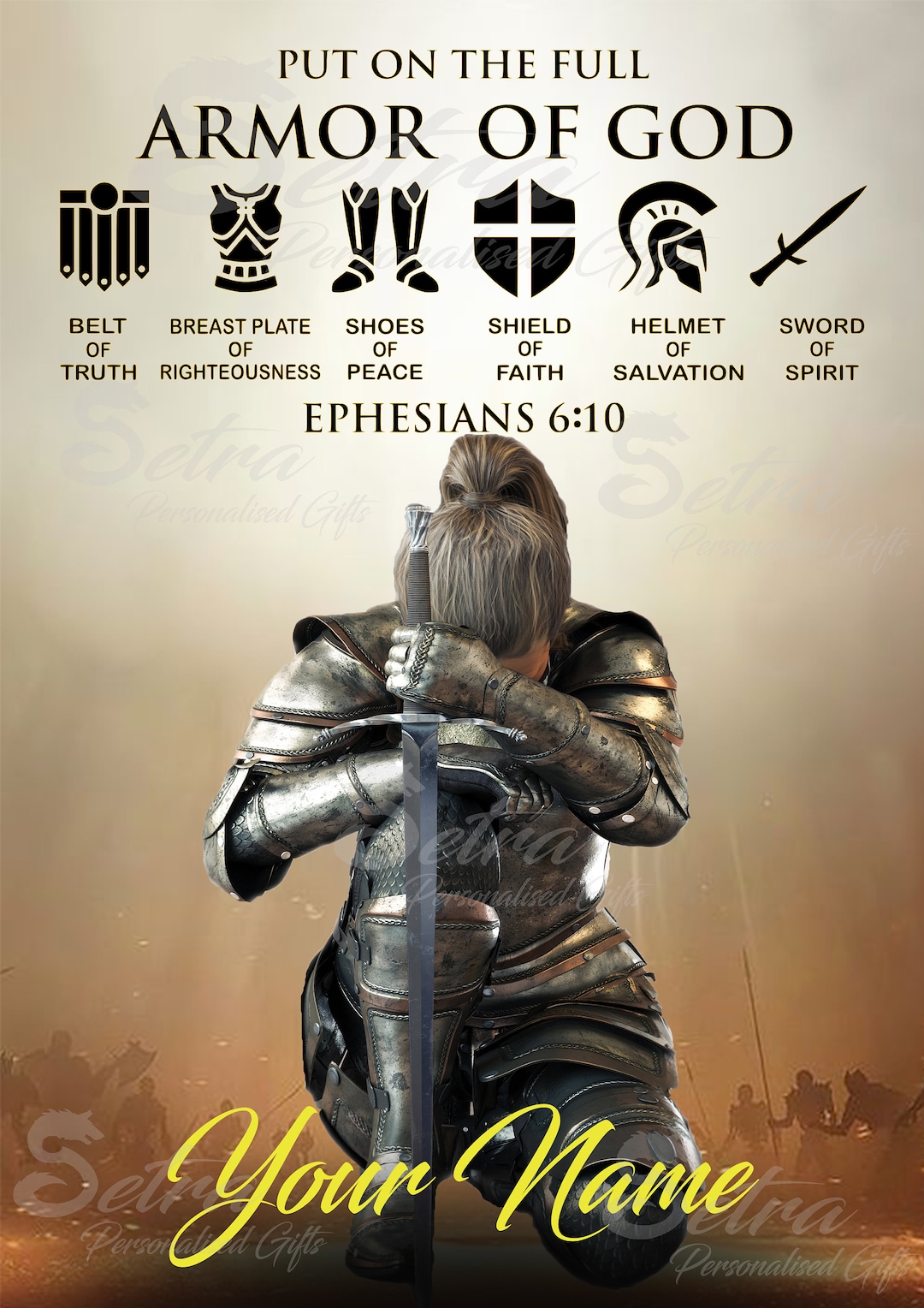 Female personalised kneeling knight armor of god digital download put