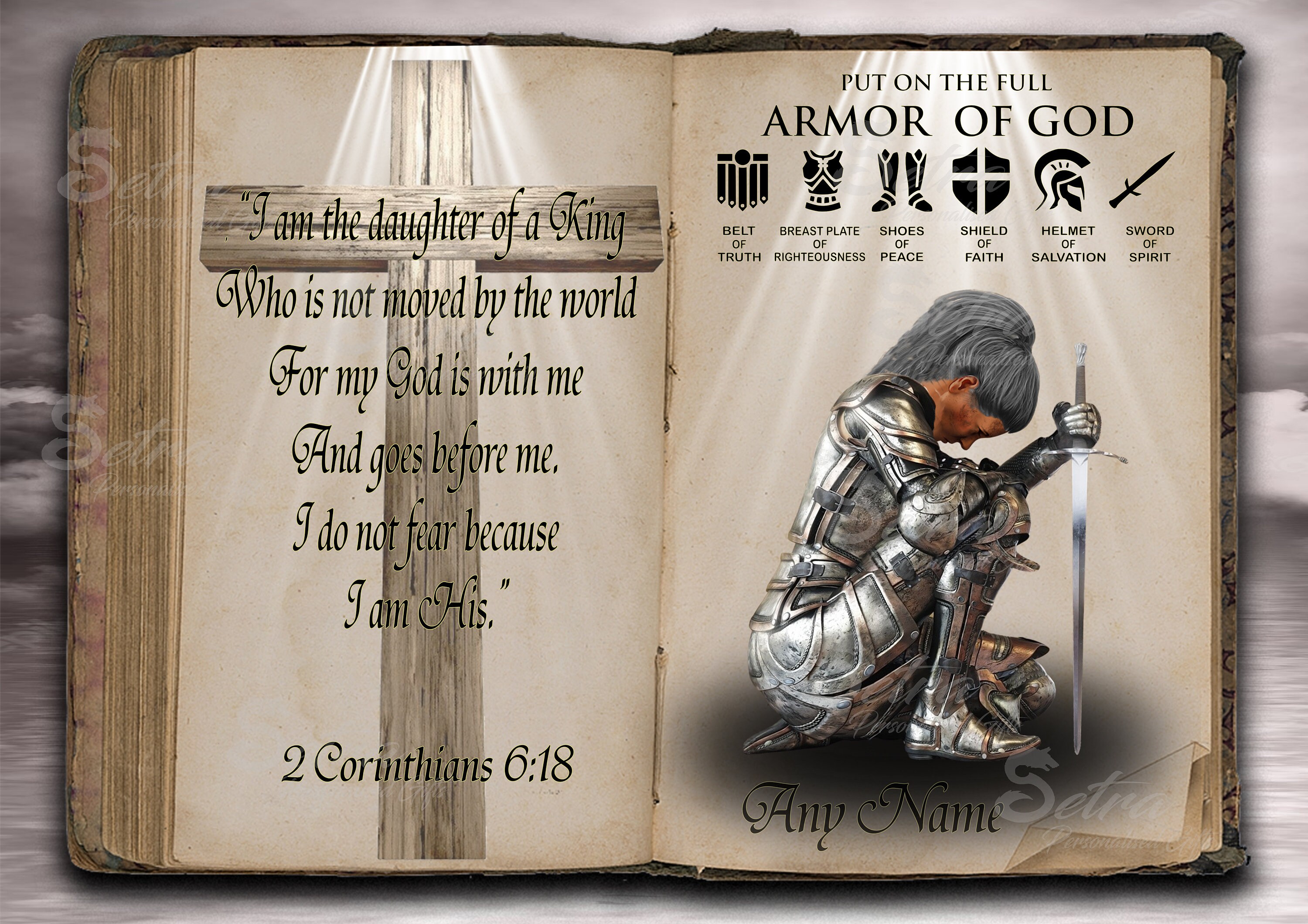 Female Personalised Kneeling Knight Landscape Style Armor of God