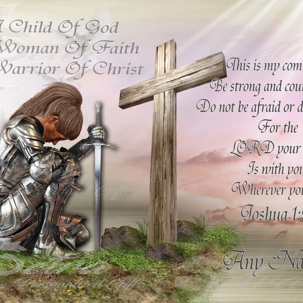 Female Landscape Personalised Kneeling Knight Spiritual Quote Armor Of God Digital Download, Put On Full Armor, Joshua 1:9