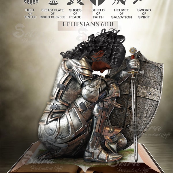 Female Personalised Kneeling Knight With Shield On Bible Armor Of God Digital Download, Put On Full Armor, Ephesians 6-10
