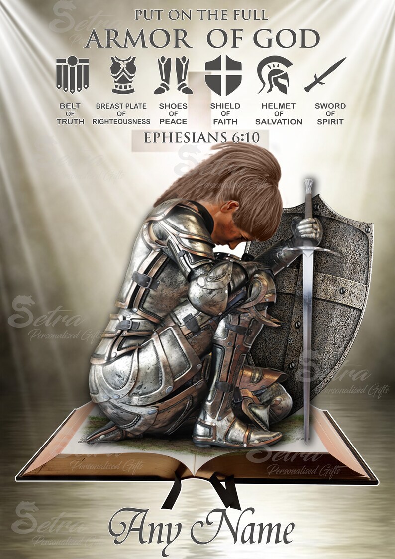 Female Personalised Kneeling Knight With Shield on Bible Armor of God