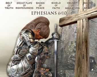 Female Personalised Kneeling Knight With Cross And Sword, Bevel Writing Armor Of God Digital Download, Put On Full Armor, Ephesians 6-10