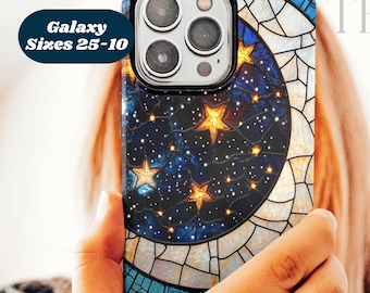 Crescent Moon & Constellation Samsung Galaxy Phone S25 S24 S23 Tough Case, Star Celestial Phone Cover Mystical Lunar 3D Faux Stained Glass