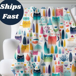 Whimsical Cat Sherpa Fleece Blanket, Boho Cat Lover Gift, Cat Blanket for Cat Lovers, Cozy Fuzzy Kitty Throw Blanket, Cute Cat Blanket Gift