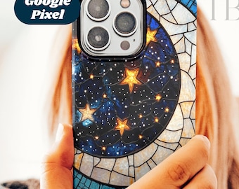 Crescent Moon & Constellation Google Pixel 9 8 7 6 5 4 3 Tough Phone Case, Star Celestial Phone Cover Mystical Lunar 3D Faux Stained Glass