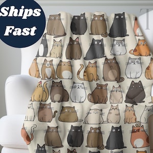 Cartoon Cats Sherpa Fleece Blanket, Boho Cat Lover Gift, Cat Blanket for Cat Lovers, Cozy Fuzzy Kitty Throw Blanket, Cute Cat Blanket Gift