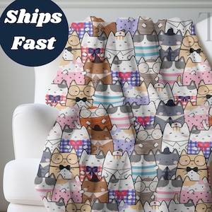 Kawaii Cute Cats Sherpa Fleece Blanket, Whimsical Cat Throw, Boho Cat Lover Gift, Cat Blanket for Cat Lovers, Cozy Fuzzy Kitty Throw Blanket