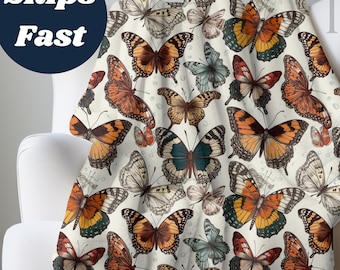 Vintage Schmetterling Sherpa Fleece-Decke, Monarchfalter Überwurf, Housewarming Geschenk, Boho Wohnkultur, Geschenk für Lepidopterologie-Liebhaber