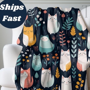 Whimsical Cat Sherpa Fleece Blanket, Boho Cat Lover Gift, Cat Blanket for Cat Lovers, Cozy Fuzzy Kitty Throw Blanket, Cute Cat Blanket Gift