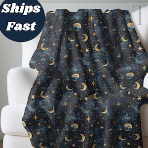 Celestial Moon & Stars Sherpa Fleece Blanket, Night Sky Nature Gift Soft Throw Blanket, Birthday Gift for Friend, Blue Stars Milky Way Decor
