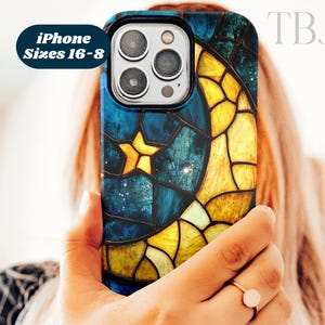 Crescent Moon & Star Celestial iPhone 16 15 14 13 12 Tough Phone Case, Starry Night Sky Phone Cover, Mystical Lunar 3D Faux Stained Glass