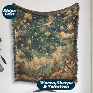 Crescent Moon & Stars Woodland Scene  Woven Blanket, Mystical Fairytale Forestcore Decor, Mythical Celestial Lunar Wall Hanging Tapestry