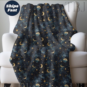 Couverture polaire sherpa lune céleste et étoiles, cadeau nature ciel nocturne, jeté doux, cadeau d'anniversaire pour un ami, déco voie lactée étoiles bleues