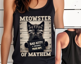 Meowster of Mayhem Racerback Tank, Funny Cat Shirts, Gift for Cat Lover, Trendy Retro Vintage Style Bad Kitty Tanktop, Wanted Style Shirts