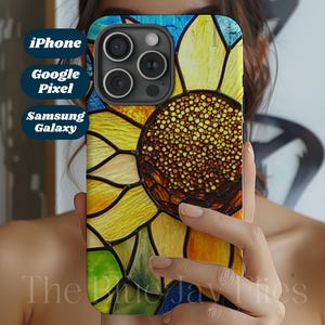 Sunflower Faux Stained Glass Tough Case, Floral Aesthetic Cover iPhone 16 15 14 13 12 Pro Max Pixel 9 8 7 6 Pro Galaxy S25 24 23 22 21 Ultra