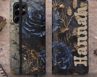 Black Roses Custom Samsung S25 Plus Ultra 24 23 22 21 Flip Folio Phone Case | Dark Academia Flower Cover | Moody Floral Art Accessory