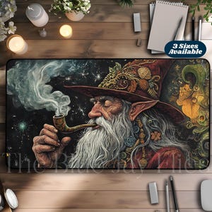 May include: A fantasy illustration of a wizard with a long white beard, wearing a pointed hat with intricate details, holding a pipe in his hand. The background is a dark blue with stars and swirling smoke.