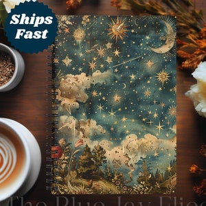 Cahier à spirales croissant de lune céleste et étoiles, journal design ciel étoilé, journal cadeau lumière des étoiles stellaire, art enchanté des bois
