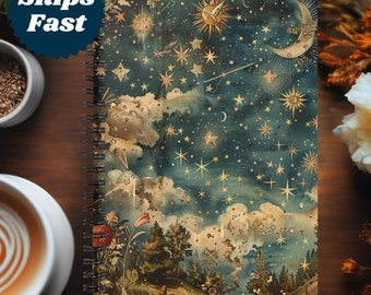 May include: A spiral bound notebook featuring a vintage illustration of a night sky with stars, clouds, and a crescent moon. The cover is blue with gold accents. The text "The Blue Jay Flies" is printed at the bottom of the cover.