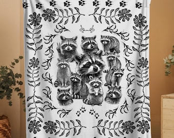 Boho Waschbär Collage Sherpa Fleece Decke, Forestcore Wald Natur Liebhaber Geschenk, Trash Panda Goblincore Cottagecore Dekor