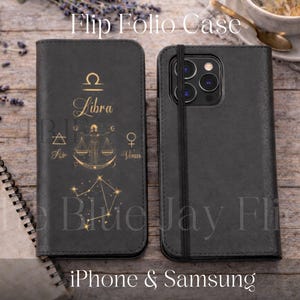 Funda con tapa para teléfono con la constelación de Libra / Cartera vintage para iPhone 16 Pro Max 15 14 13 12 11 Galaxy S25 24 23 22 21 Ultra