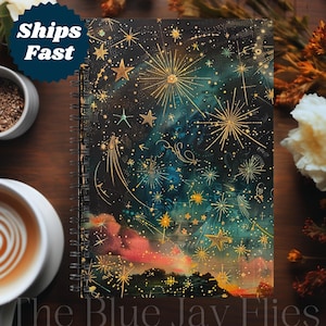 Celestial Shooting Stars spiraal notebook, Starry Night Sky Design Journal, Stellar Starlight Gift Journal, mystieke middernacht betoverde kunst