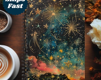 May include: A black spiral bound notebook featuring a colourful illustration of a night sky with gold stars and fireworks. The text "The Blue Jay Flies" is printed at the bottom of the notebook.
