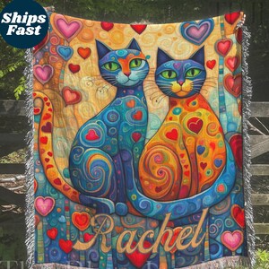 Whimsical Cats & Hearts Personalized Woven Blanket, Cat Blanket for Cat Lovers, Cozy Fuzzy Kitty Throw Blanket, Cute Cat Custom Blanket Gift