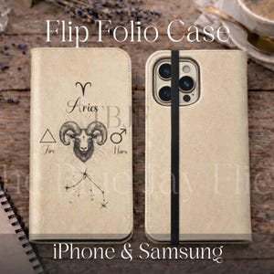 Custodia a libro con costellazione dell'Ariete / Portafoglio vintage con zodiaco per iPhone 17 Air Pro Max 16 15 14 13 12 11 Galaxy S25 24 23 22 21 Ultra