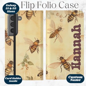 Bees & Wildflowers カスタム Samsung 21 22 フリップ フォリオ ケース、パーソナライズされた電話ケース ギフト 蜂好き、電話ケース コテージコア、蜂を救う