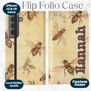 Bees & Wildflowers カスタム iPhone 16 15 14 フリップ フォリオ ケース、パーソナライズされた電話ケース ギフト 蜂好き、電話ケース コテージコア、蜂を救う