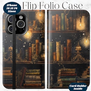 Funda tipo libro con tapa para iPhone 16, 15 y 14 con diseño de biblioteca vintage de Dark Academia, regalo para amantes de los libros, funda para teléfono con estética de Bookcore, bibliotecario nerd de los libros