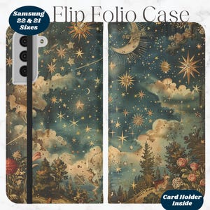 May include: A galaxy-themed phone case with a vintage illustration of stars, clouds, and a crescent moon. The case is designed for Samsung Galaxy phones in sizes 22 and 21. It features a card holder inside.