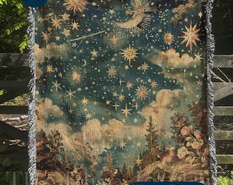Crescent Moon & Stars Woodland Scene Woven Blanket, Mystical Fairytale Forestcore Decor, Mythical Celestial Lunar Wall Hanging Tapestry