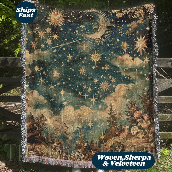 Crescent Moon & Stars Woodland Scene Woven Blanket, Mystical Fairytale Forestcore Decor, Mythical Celestial Lunar Wall Hanging Tapestry