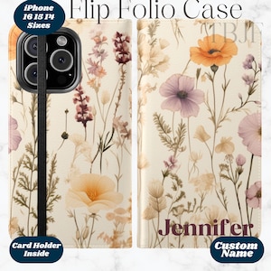 Étui à rabat personnalisé pour iPhone 16 15 14 Fleurs sauvages, étui style rustique floral cottagecore, cadeau de téléphone personnalisé fleur de cosmos bohème coquelicot