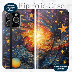 May include: A colorful phone case with a galaxy design featuring a sun, stars, and clouds. The case is a flip folio style with a card holder inside. It is available for iPhone sizes 16, 15, and 14.