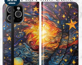 Celestial Sun Moon & Stars Faux glas-in-loodprint iPhone 17 Air Pro Max 16 15 14 flip folio-hoesje, trendy astrologische telefoonhoes