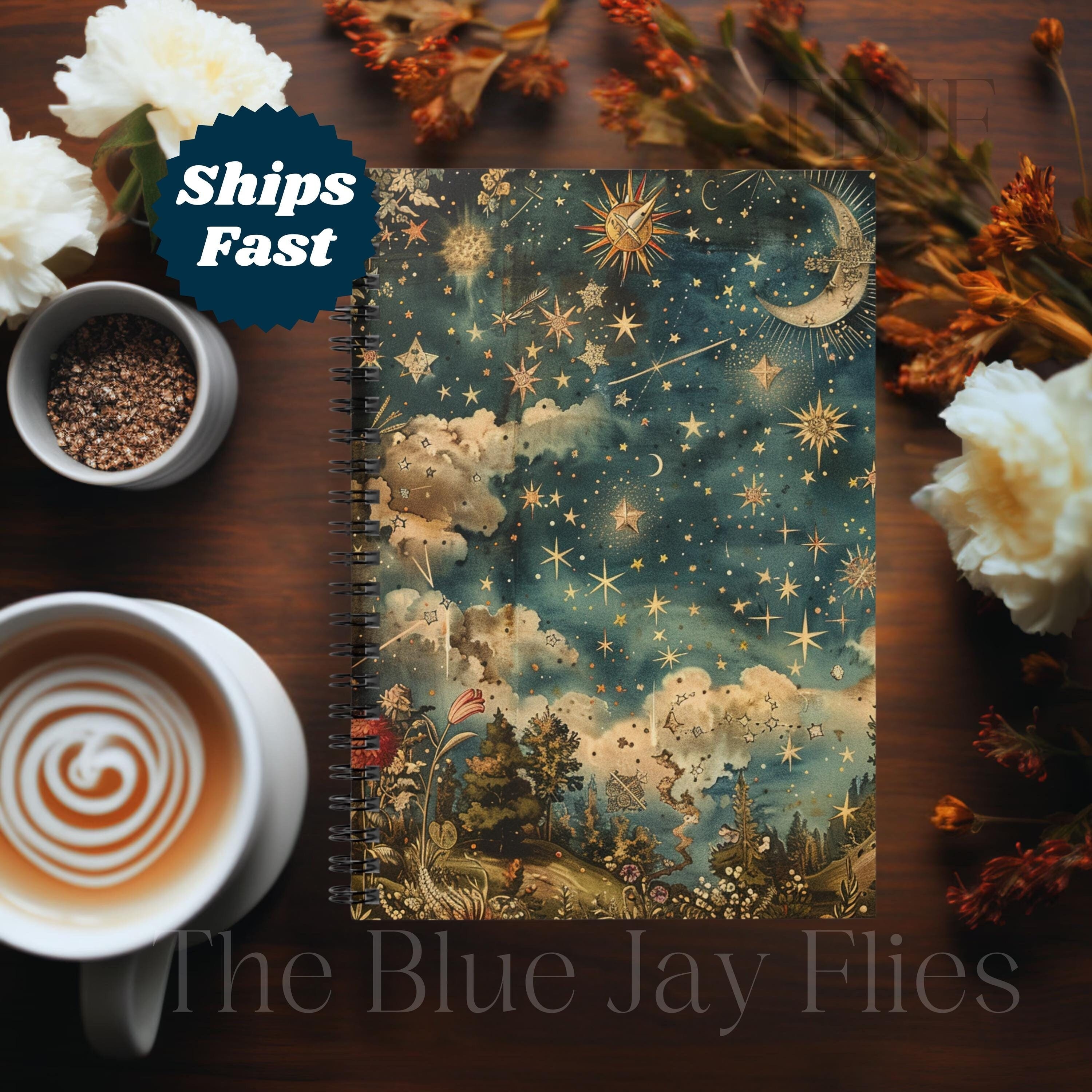 Celestial Crescent Moon and Stars Spiral Notebook, Starry Night Sky ...