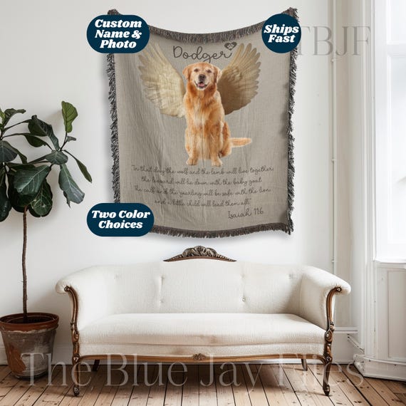 Dog Angel Custom Photo Woven Throw Blanket, Dog Loss Remembrance