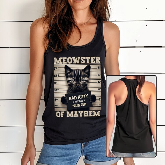 Meowster of Mayhem Racerback Tank, Funny Cat Shirts, Gift for Cat Lover, Trendy Retro Vintage Style Bad Kitty Tanktop, Wanted Style Shirts