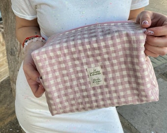 Pink gingham square toiletry bag, Travel toiletry bag, Handmade toiletry bag