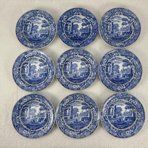 Op de afbeelding: Negen blauw-witte keramische borden met een landschapsontwerp. Elk bord heeft een centrale scène van een gebouw en bomen, omgeven door een decoratieve rand. De borden zijn gerangschikt in een 3x3 raster.