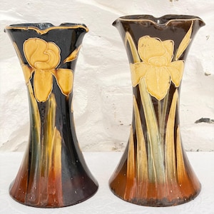 Può includere: Due vasi in ceramica con bordo svasato e colore di base marrone scuro. Ogni vaso presenta un design a fiore di iris giallo in rilievo con lunghi steli verdi che si estendono verso il basso. Lo smalto ha una finitura lucida e una forma curva.