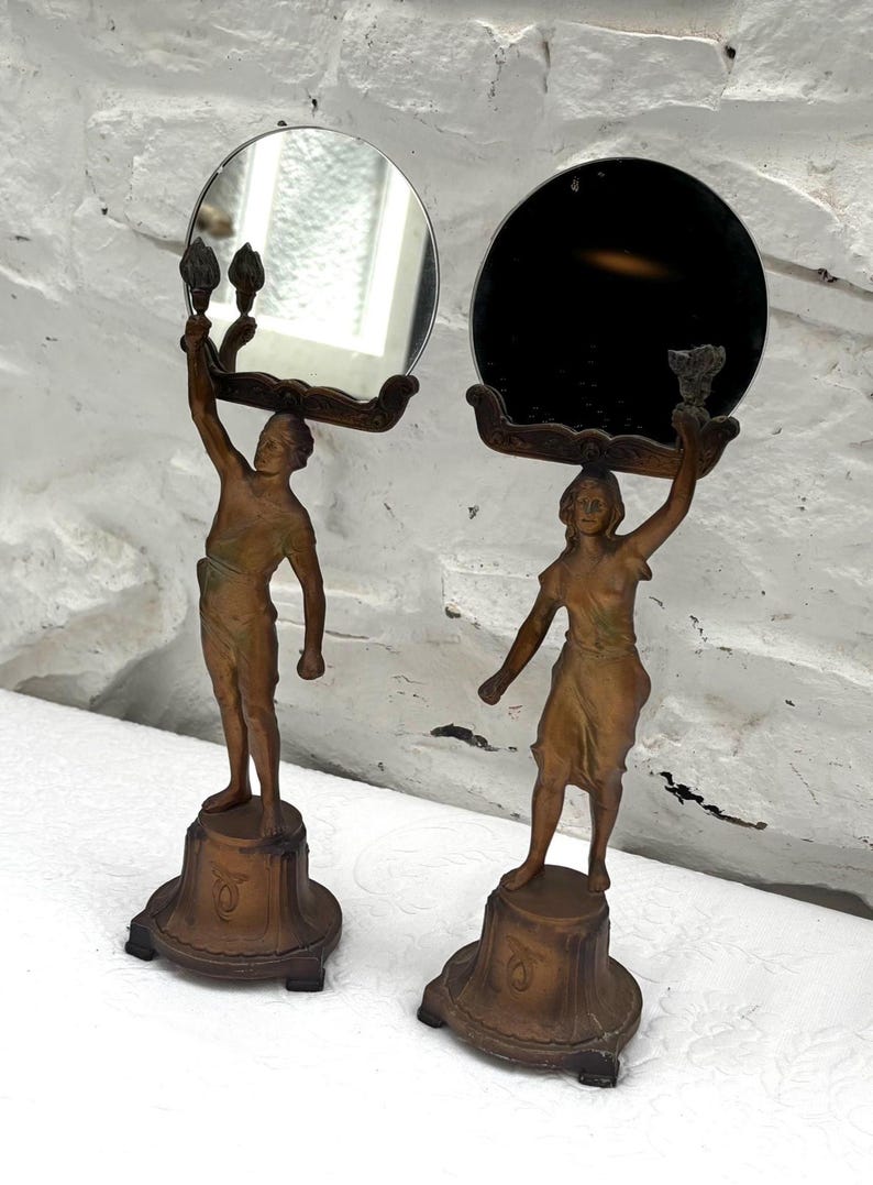 Mirror Figure Art Deco Bronzed Figurine Mirror Holders / 1930s Era - Etsy