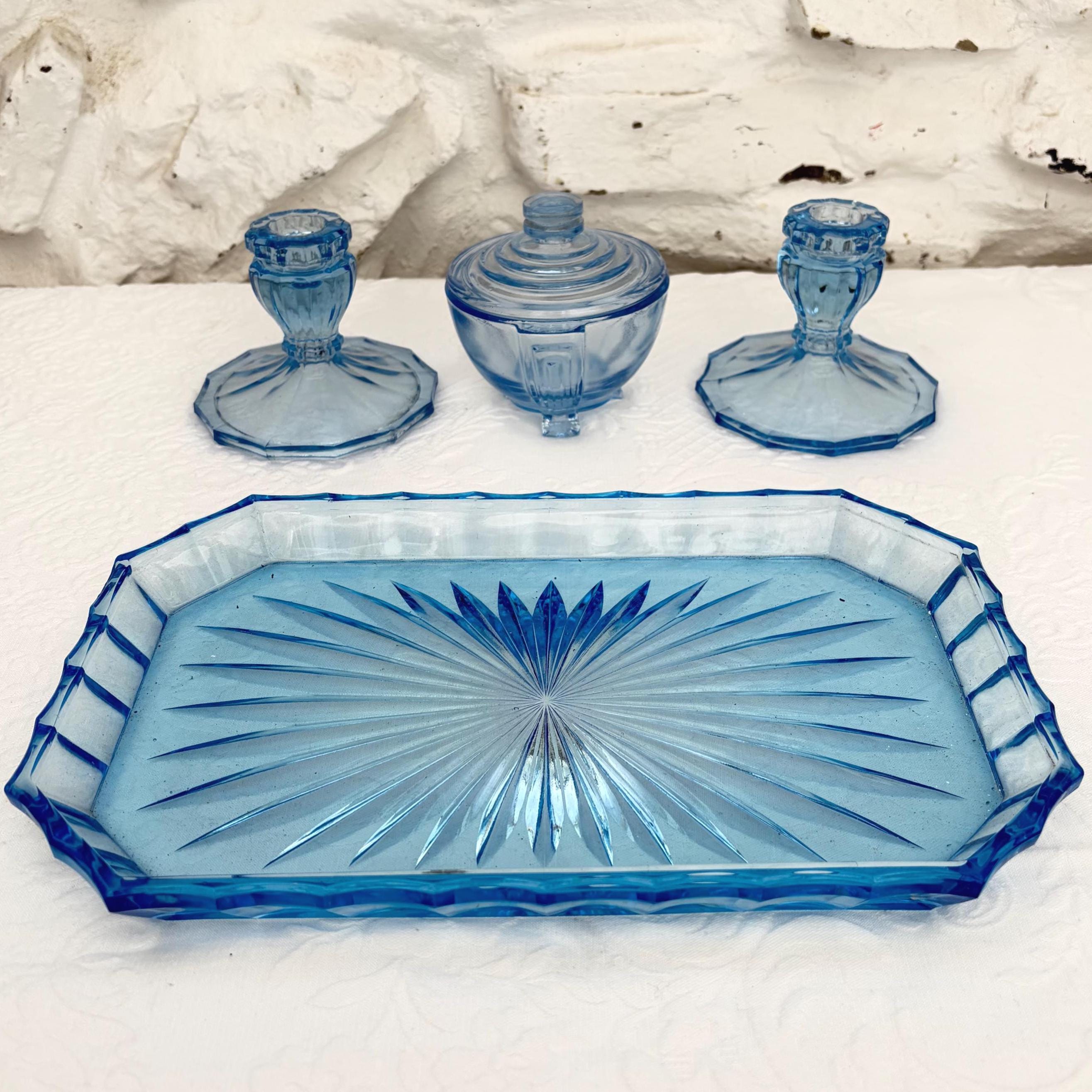 Vintage Blue Glass Dressing Table Set - Etsy