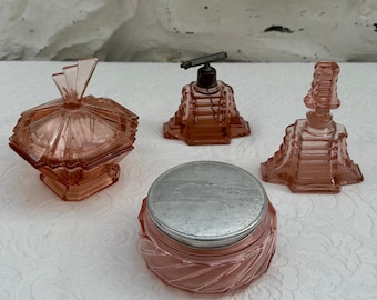 Collection of 1930s Pink Glass Dressing Table Pieces