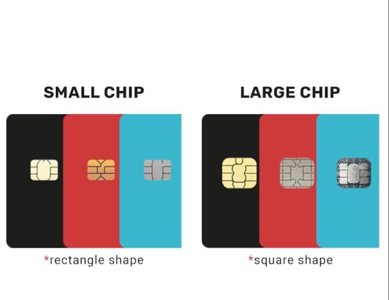 Puede incluir: Imagen que compara dos tipos de chips. El lado izquierdo muestra "CHIP PEQUE&Ntilde;O" con tres tarjetas: negra, roja y azul, cada una con un chip rectangular. El lado derecho muestra "CHIP GRANDE" con tres tarjetas: negra, roja y azul, cada una con un chip cuadrado.